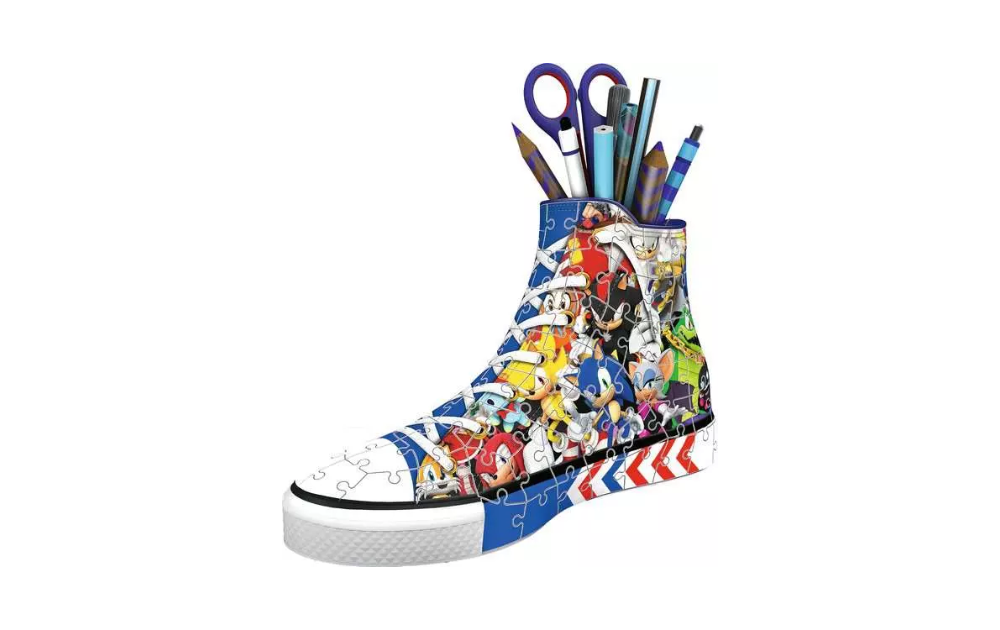 Ravensburger 3D Sonic the Hedgehog jigsaw puzzle shaped as a colourful high top sneaker pencil holder