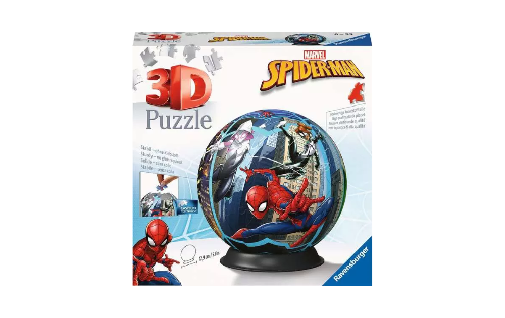 3D Spiderman jigsaw puzzle by Ravensburger, featuring a colorful globe with Spider-Man illustrations