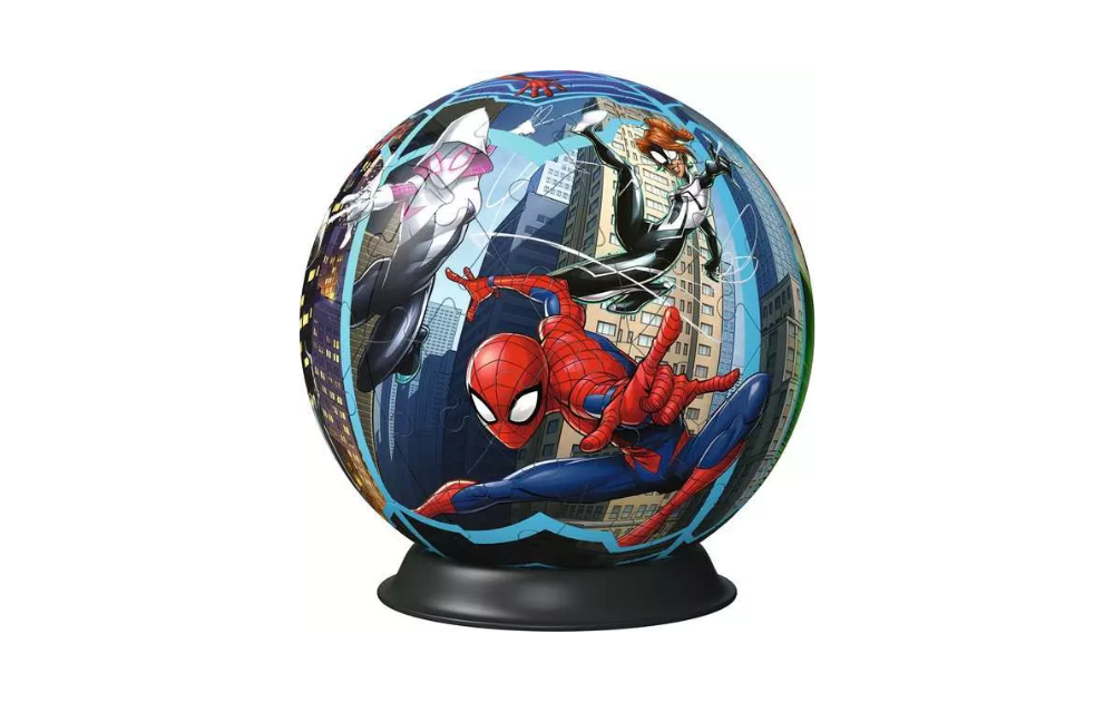 3D Spiderman jigsaw puzzle globe featuring Spiderman and iconic characters by Ravensburger