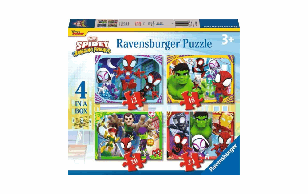 Spidey and Friends puzzles set by Ravensburger with four jigsaw puzzles in 12, 16, 20, and 24 pieces