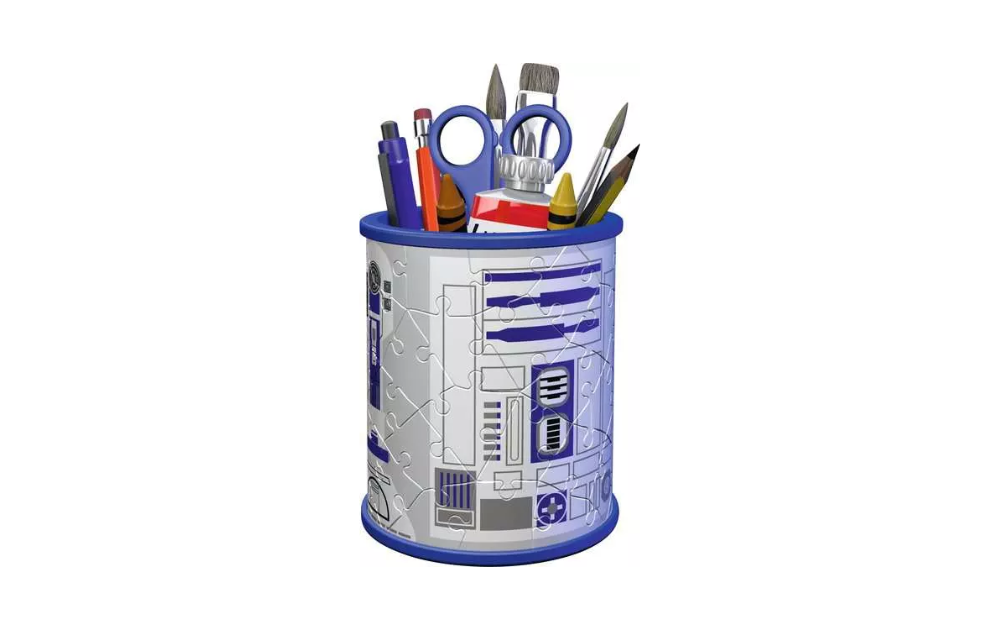 3D Star Wars R2D2 puzzle pencil holder featuring a detailed design for organizing your desk