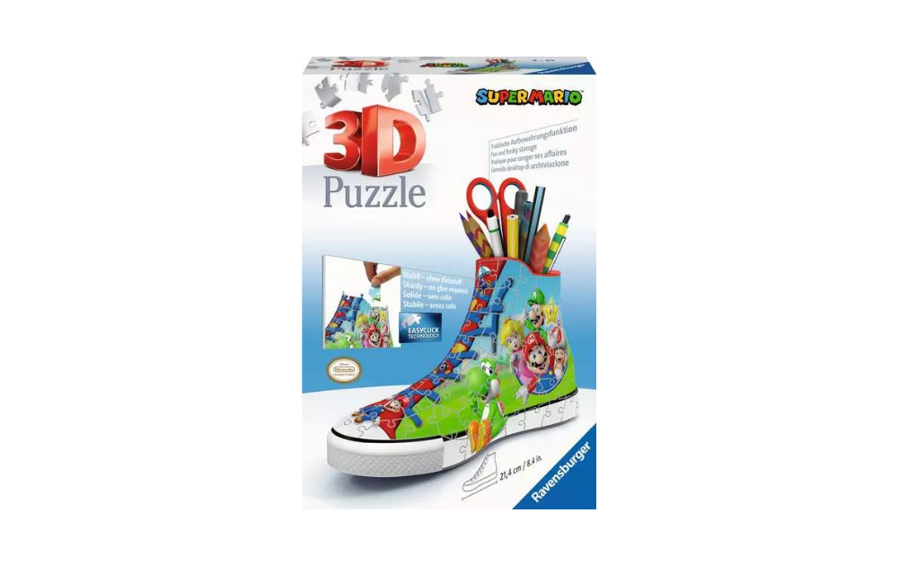 Ravensburger 3D Super Mario sneaker puzzle featuring colorful character designs for creative fun