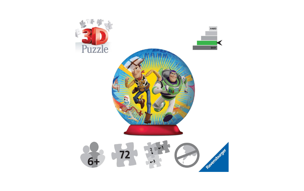 3D Toy Story puzzle for kids featuring Woody and Buzz Lightyear in a colorful globe design by Ravensburger