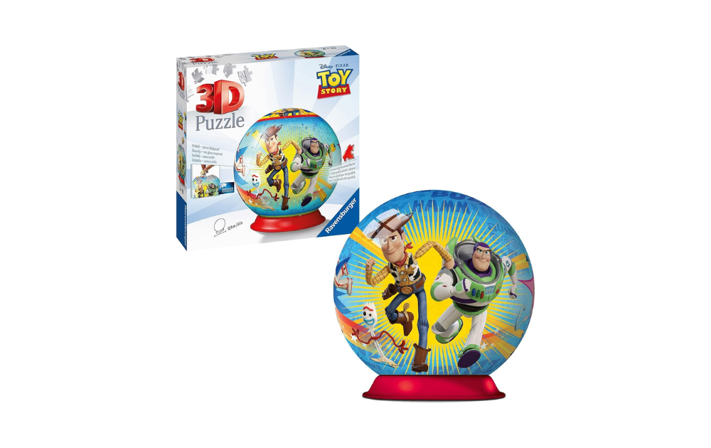 3D Toy Story puzzle for kids by Ravensburger featuring characters Woody and Buzz in a vibrant globe design