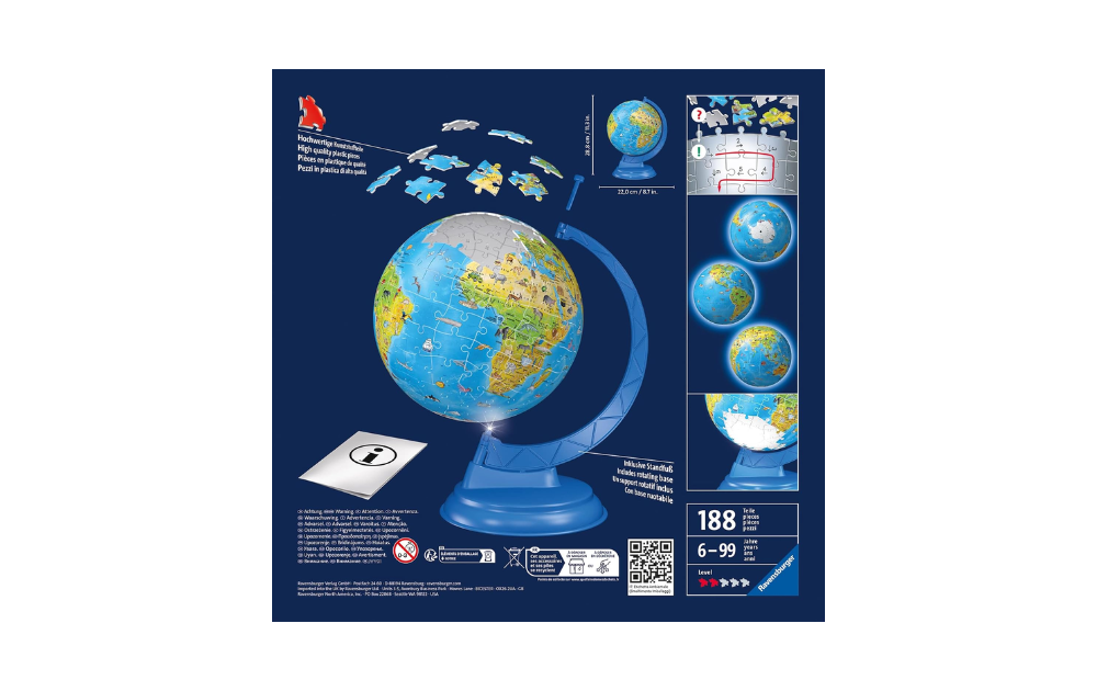 3D world globe jigsaw night edition by Ravensburger, 180 pieces for puzzle enthusiasts ages 6 to 99