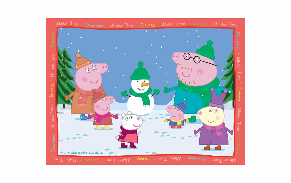 Ravensburger 4 in a box Peppa Pig Puzzles featuring Peppa and family enjoying winter fun with a snowman
