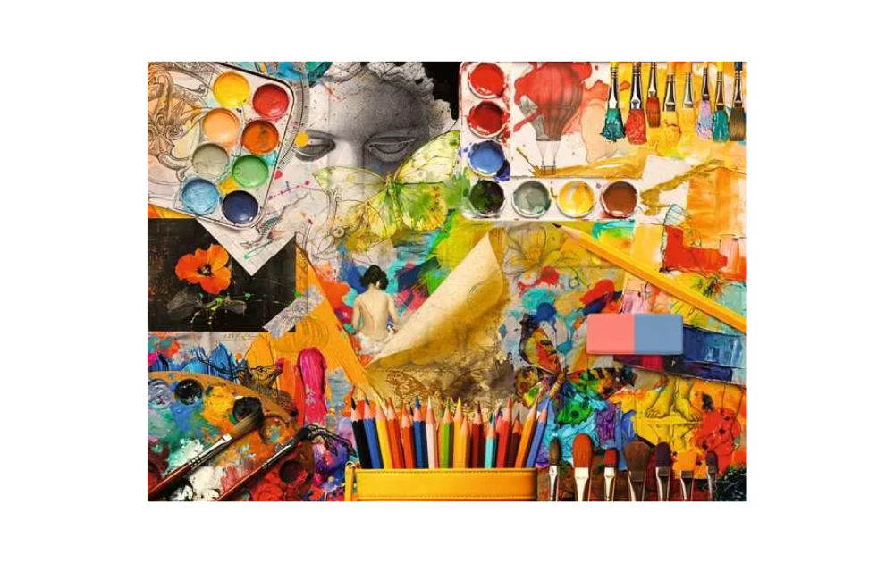 Ravensburger 500 Piece Art Studio Jigsaw Puzzle featuring vibrant art supplies and colourful paints