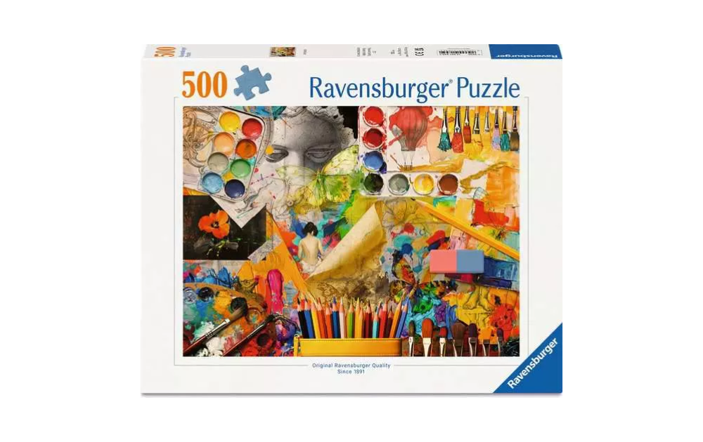 Ravensburger 500 Piece Art Studio Jigsaw Puzzle featuring vibrant colours and artistic supplies
