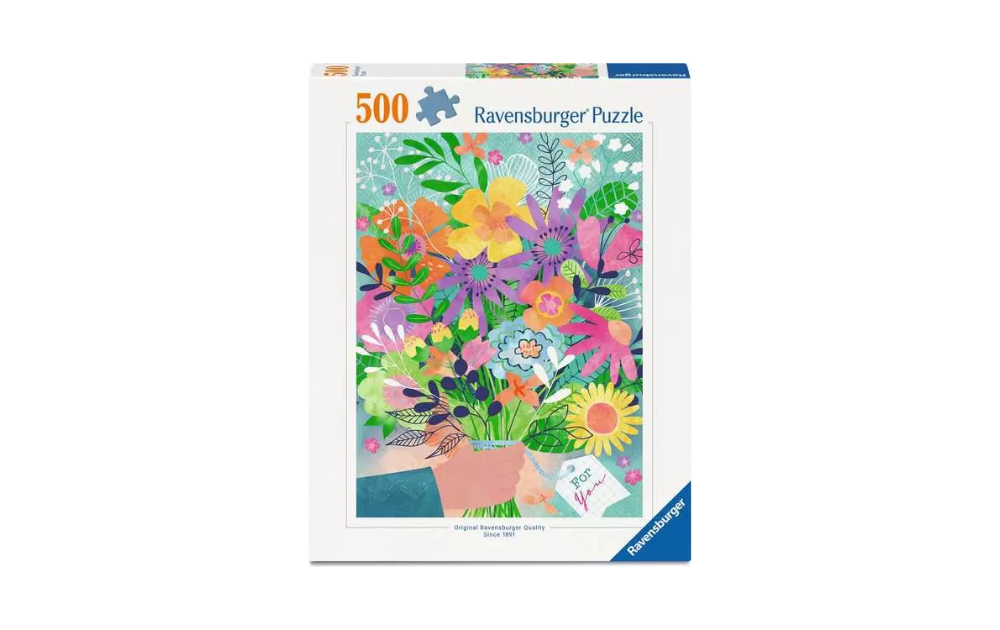Ravensburger 500 Piece Flowers Jigsaw Puzzle featuring a vibrant floral arrangement