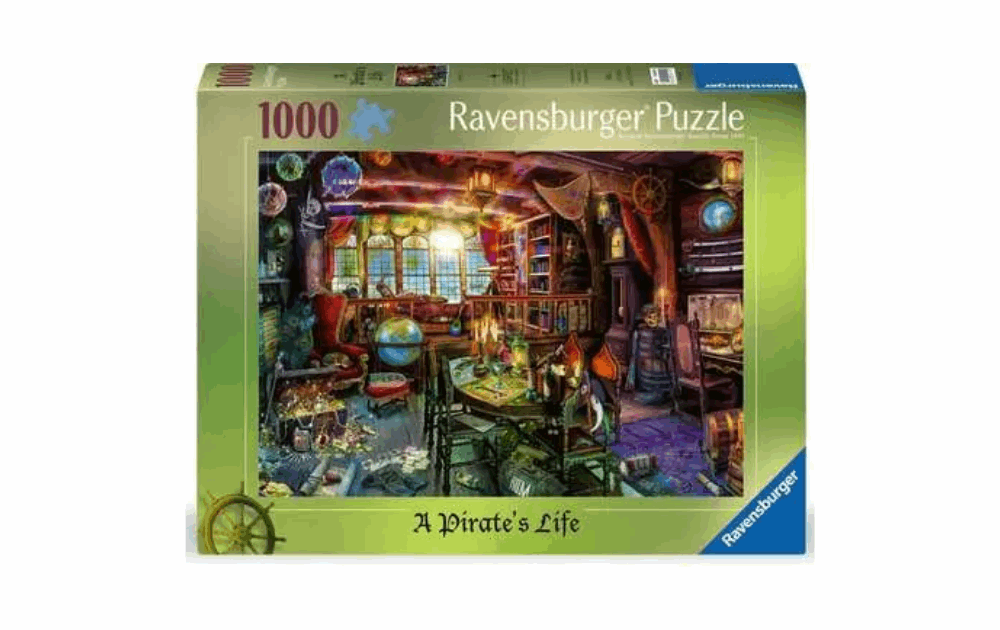 A Pirate's Life jigsaw puzzle box featuring a vibrant pirate-themed illustration and intricate details