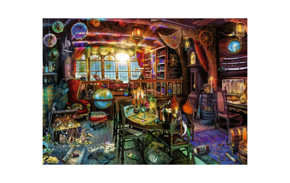 A Pirate's Life jigsaw puzzle featuring a pirate-themed room with treasures and maps