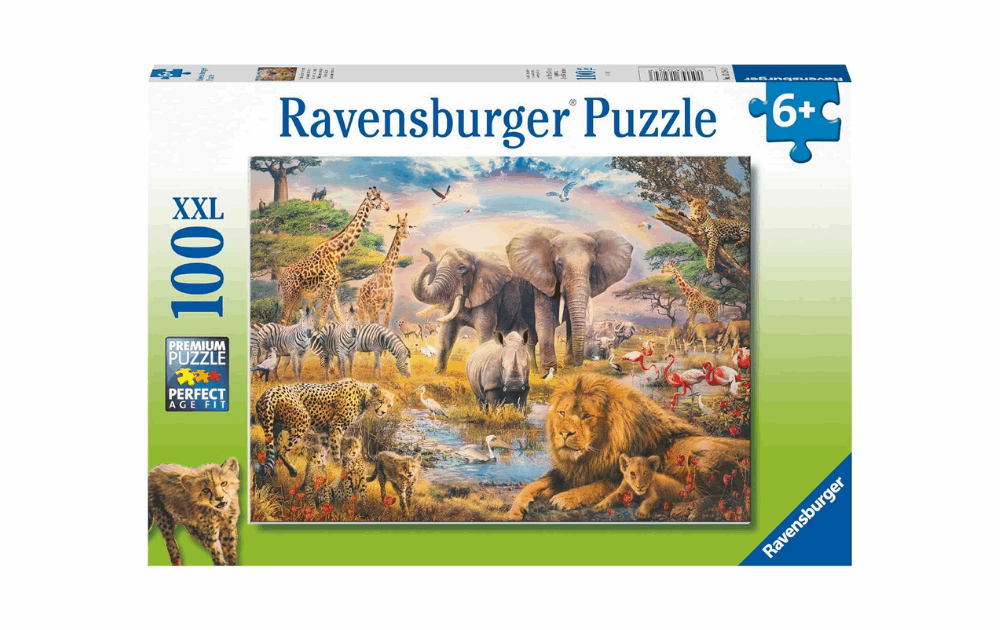 Ravensburger children's African safari jigsaw puzzle featuring diverse wildlife and a vibrant landscape