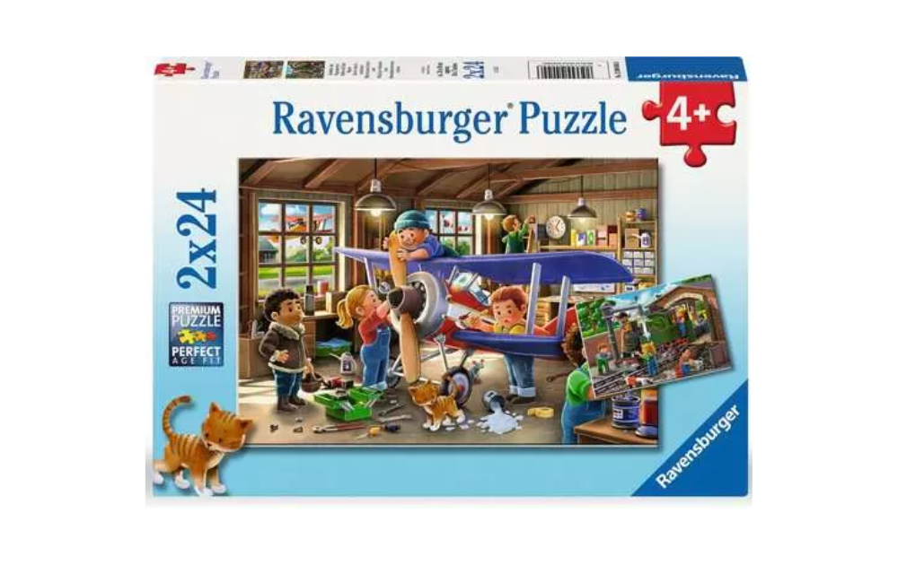 Ravensburger airplane and train jigsaw puzzle featuring children playing in a workshop