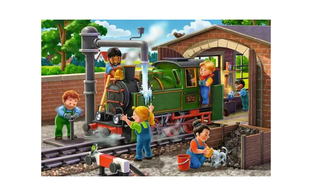 Ravensburger airplane and train jigsaw puzzle featuring children repairing a steam train