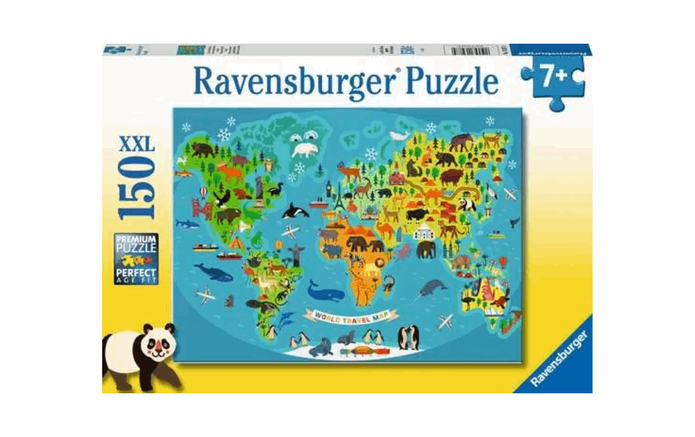 Ravensburger Animal World Map Puzzle featuring colorful animals on a detailed world map with 150 pieces