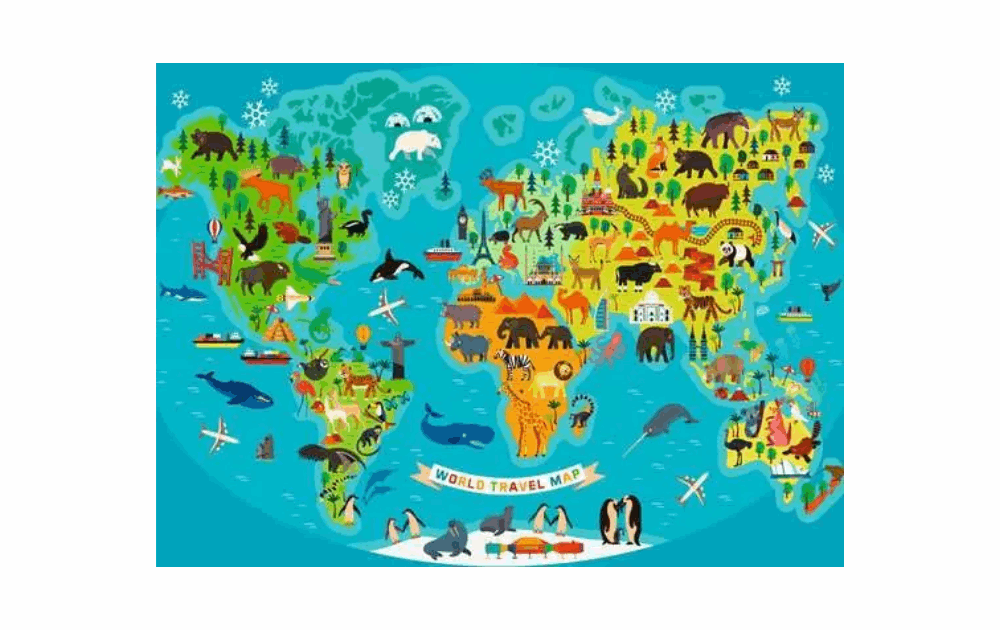 Ravensburger Animal World Map Puzzle featuring colorful animals and landmarks from around the globe