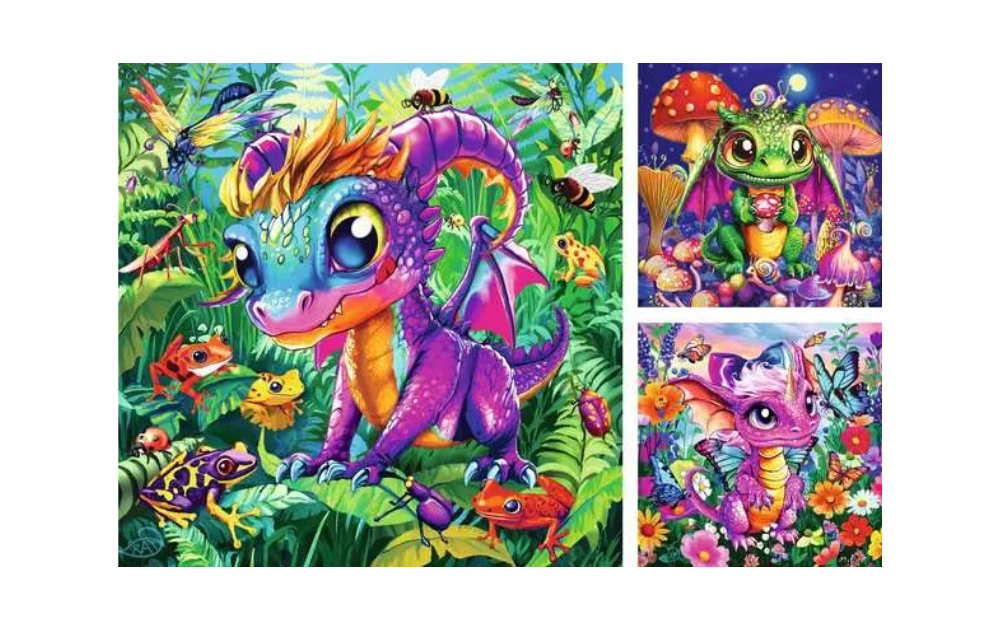 Baby Garden Dragons 3 x 49 Piece Jigsaw Puzzles by Ravensburger featuring vibrant dragon scenes