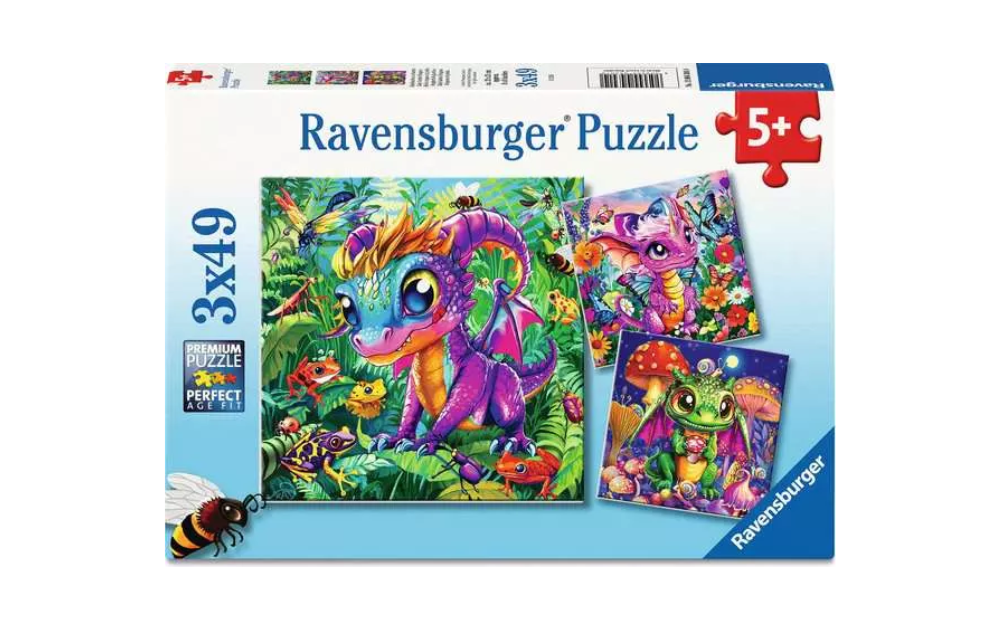 Baby Garden Dragons 3 x 49 Piece Jigsaw Puzzles by Ravensburger featuring vibrant dragon designs