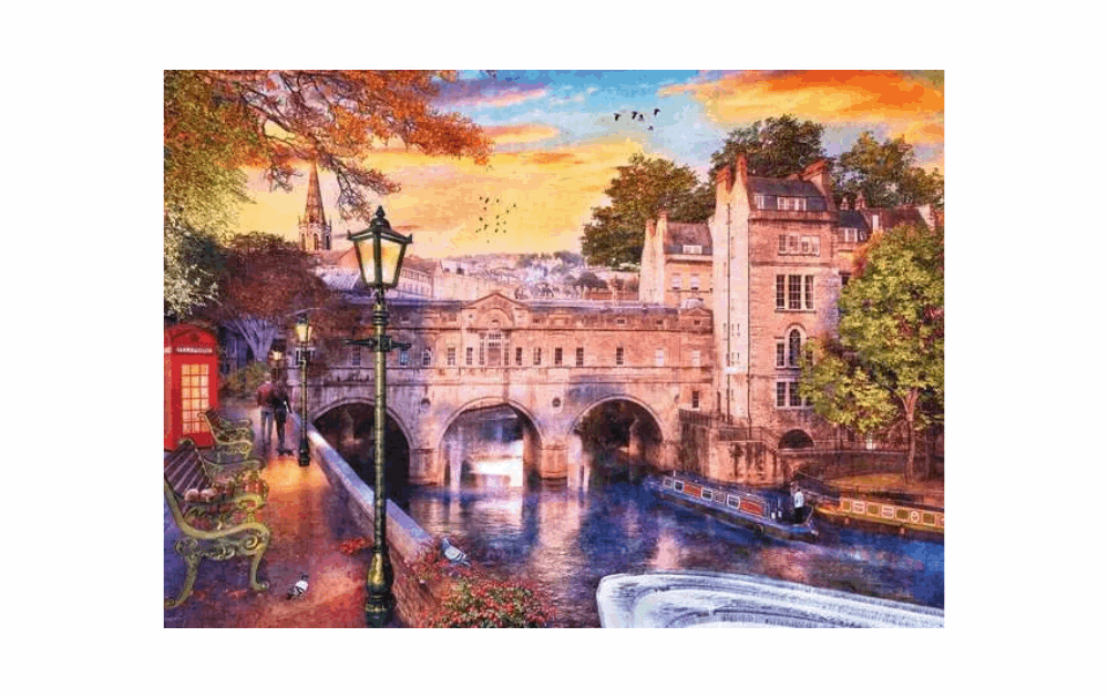 Ravensburger Bath city landscape jigsaw depicting a scenic bridge and canals at sunset