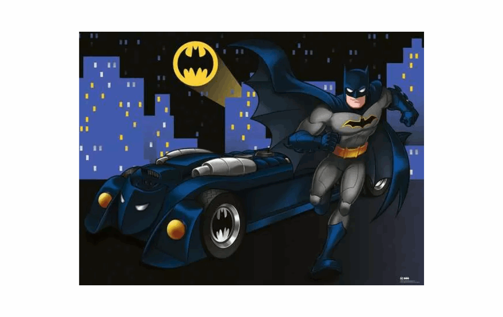 Ravensburger Batman puzzle for kids featuring Batman and his iconic vehicle in a vibrant cityscape