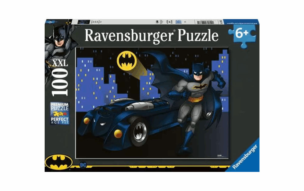 Ravensburger Batman puzzle for kids featuring Batman and his iconic car in a cityscape