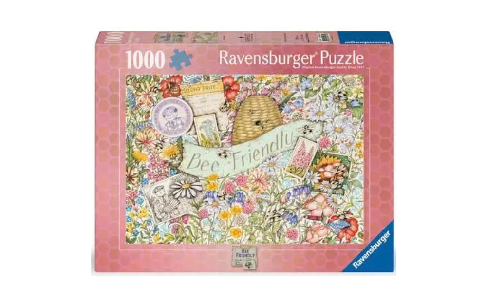 Ravensburger Bee Friendly 1000 piece jigsaw puzzle box showing beehive and colourful wildflowers artwork