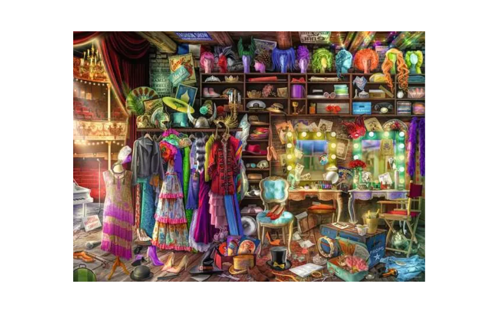 Behind the Scenes Ravensburger puzzle showcases a vibrant theater dressing room filled with costumes and props