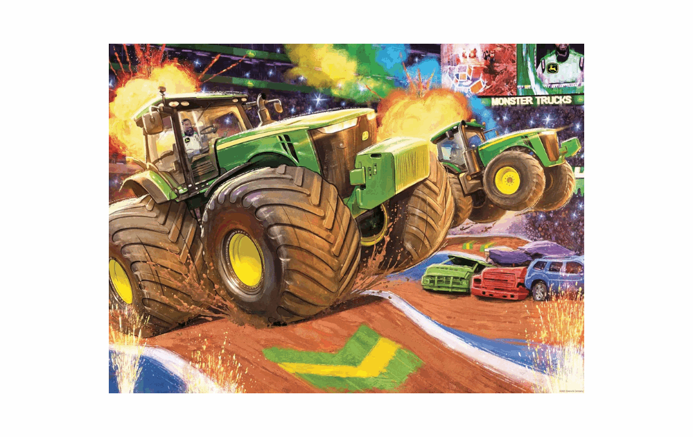 Ravensburger big wheels jigsaw puzzle featuring monster trucks jumping with bright colors and dynamic action