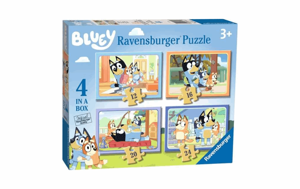 Bluey Ravensburger puzzles set with four jigsaws in 12, 16, 20, and 24 pieces for children 3 and up