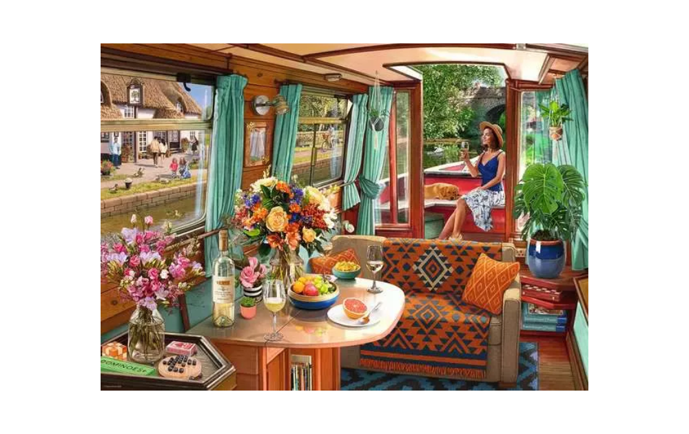 Canal Boat - View From my Window No1 1000 Piece Jigsaw Puzzle by Ravensburger featuring a scenic interior and floral arrangements
