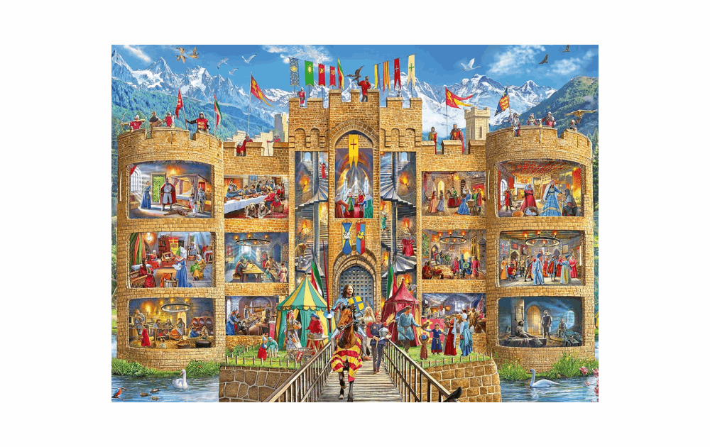 Ravensburger castle puzzle 150 pieces featuring a colorful medieval scene with knights and festivities