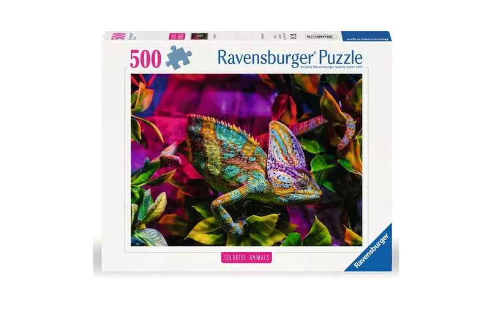 Ravensburger chameleon puzzle featuring a vibrant chameleon among colorful foliage for puzzle lovers
