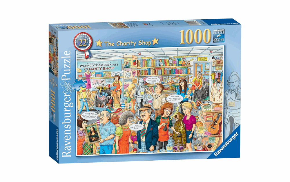 Ravensburger Charity Shop Puzzle featuring a busy charity shop scene with diverse characters and details