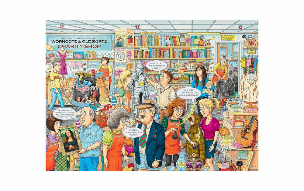 Ravensburger Charity Shop Puzzle featuring a bustling charity shop scene with diverse characters and activities