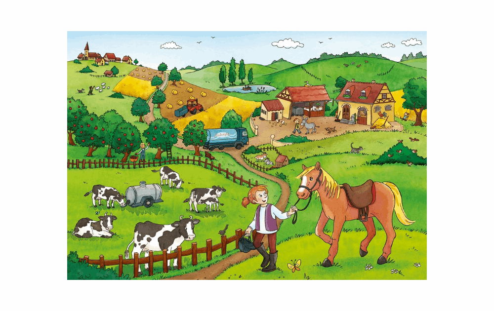 Ravensburger farm puzzles for kids featuring a colorful farm scene with animals and a girl guiding a horse