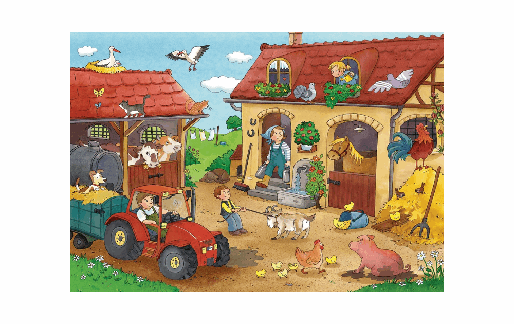 Ravensburger farm puzzles for kids featuring a vibrant farm scene with animals and a tractor