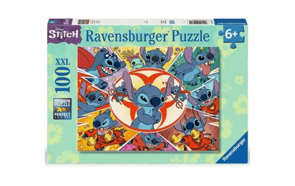 Ravensburger Stitch puzzle featuring colorful scenes of Stitch and friends for children aged 6 and up