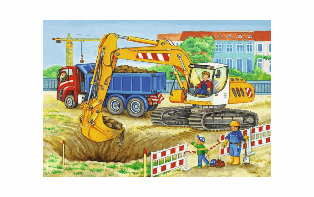 Ravensburger children's farm jigsaw puzzles featuring a construction scene with an excavator and workers