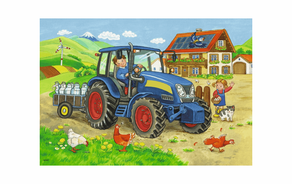 Colorful Ravensburger children's farm jigsaw puzzles featuring a tractor and farm animals