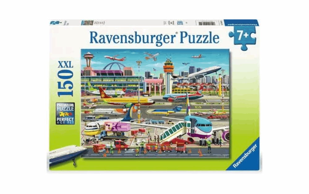 Ravensburger airport puzzle with 150 pieces featuring colorful airplanes and a busy airport scene