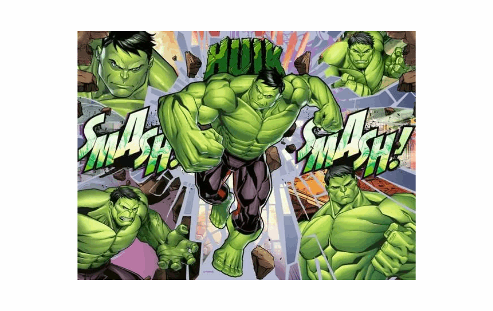 Ravensburger Avenger puzzle featuring the Hulk smashing through walls with vibrant comic art