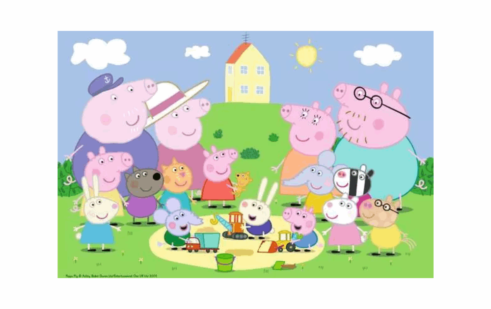 Ravensburger Peppa Pig jigsaw featuring Peppa and friends playing together outdoors in a colorful scene