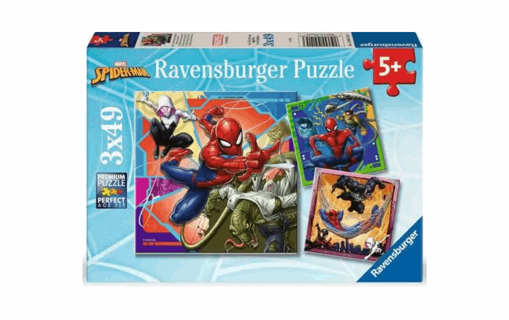 Spider-Man puzzles for kids featuring three 49-piece jigsaw puzzles showcasing Spidey in action by Ravensburger