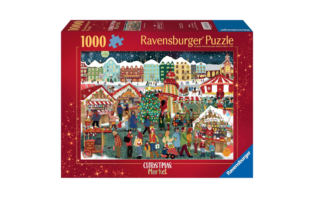 Ravensburger Christmas Market jigsaw puzzle 1000 pieces featuring a festive winter scene