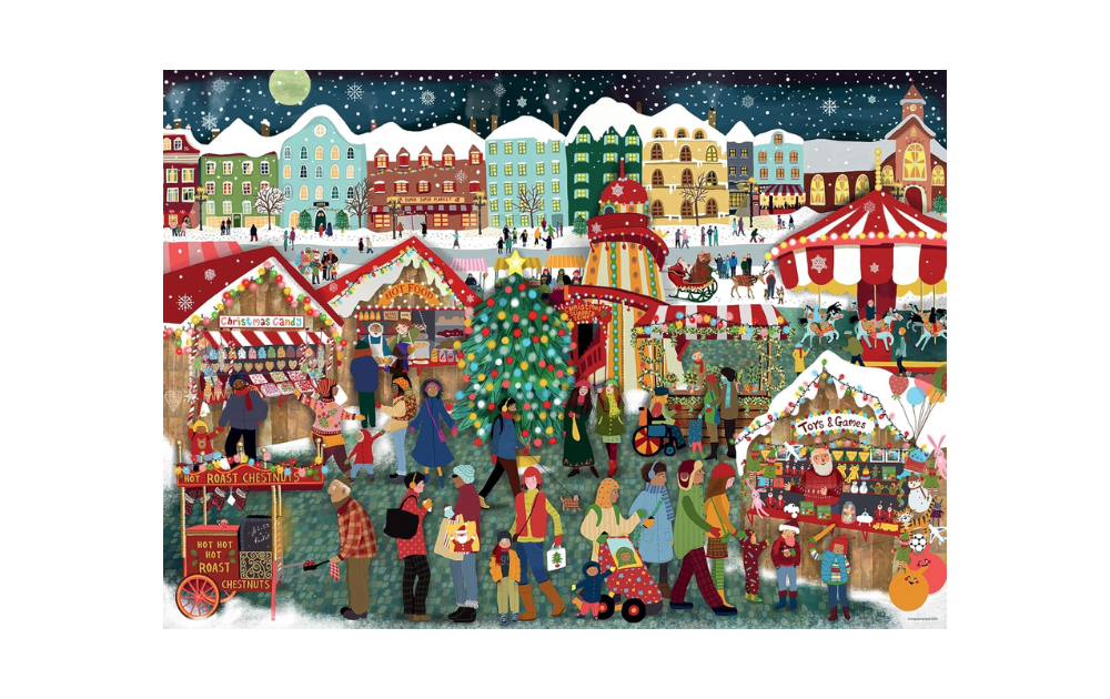 Ravensburger Christmas Market jigsaw puzzle 1000 pieces featuring festive holiday scenes and cheerful market stalls