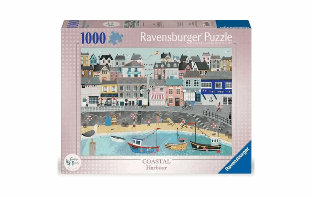 Ravensburger Coastal Harbour puzzle featuring a scenic seaside village with boats and colorful houses