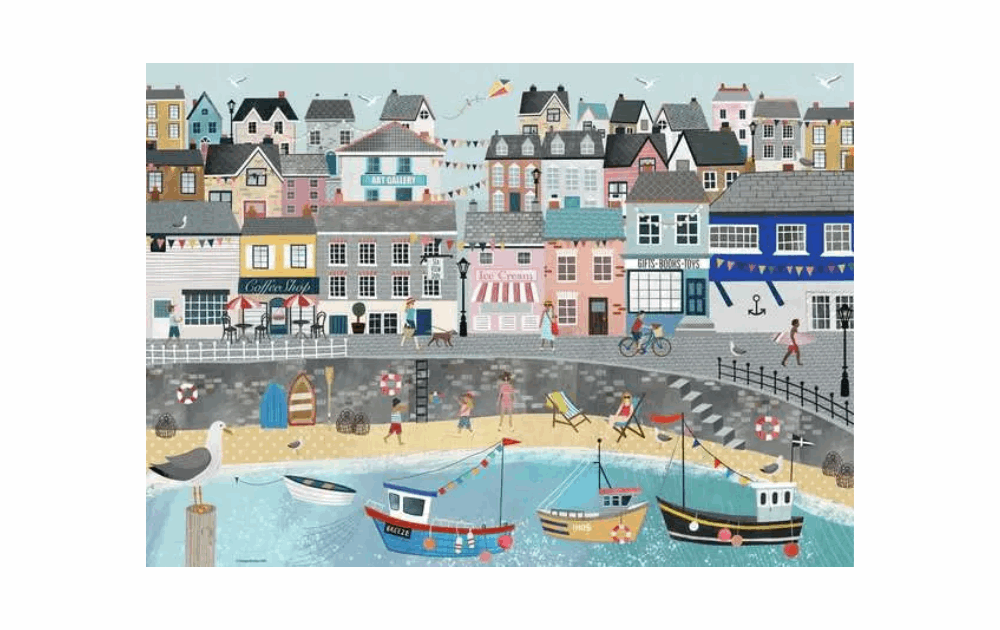 Ravensburger Coastal Harbour puzzle featuring colorful buildings and boats at a seaside town