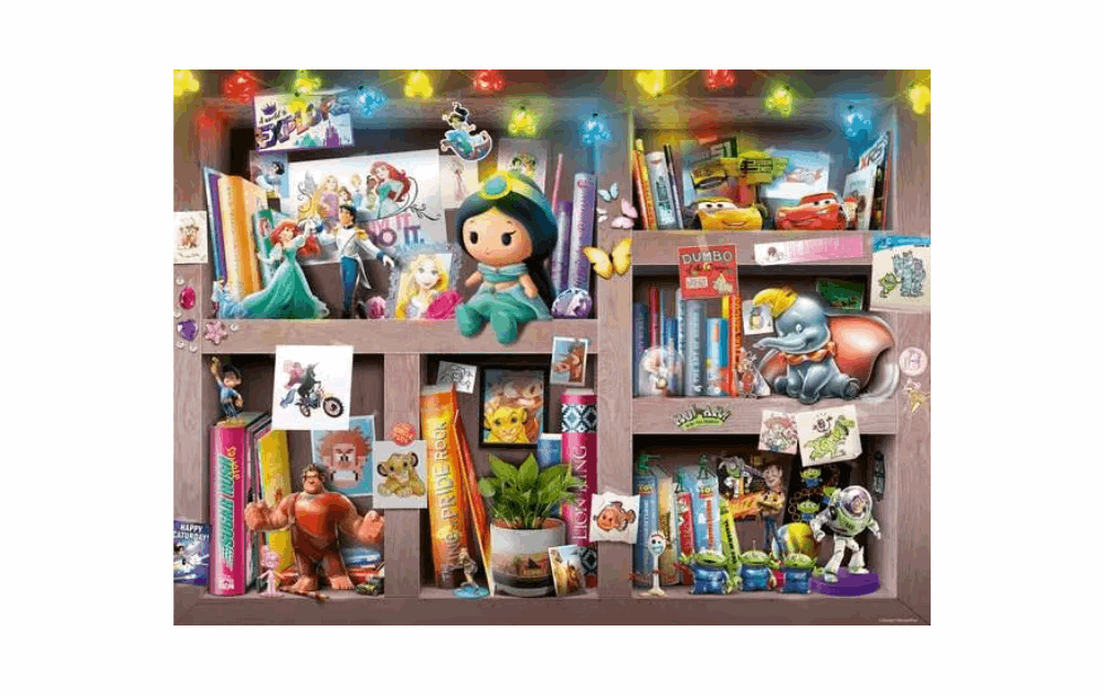 Ravensburger Collector's Puzzle 100XXL featuring colorful toys and books on a wooden shelf