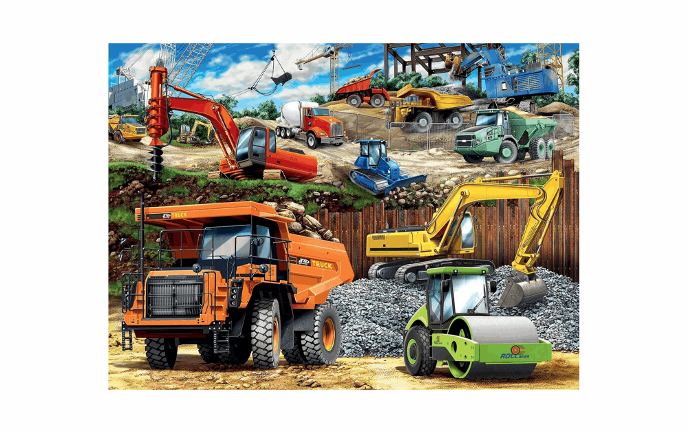 Ravensburger construction vehicles puzzle featuring various construction machinery in action on a site
