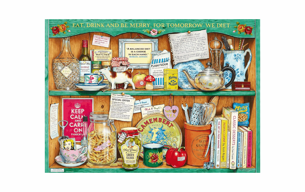 Ravensburger Cook's Cabinet Puzzle featuring a vibrant kitchen shelf with jars and books